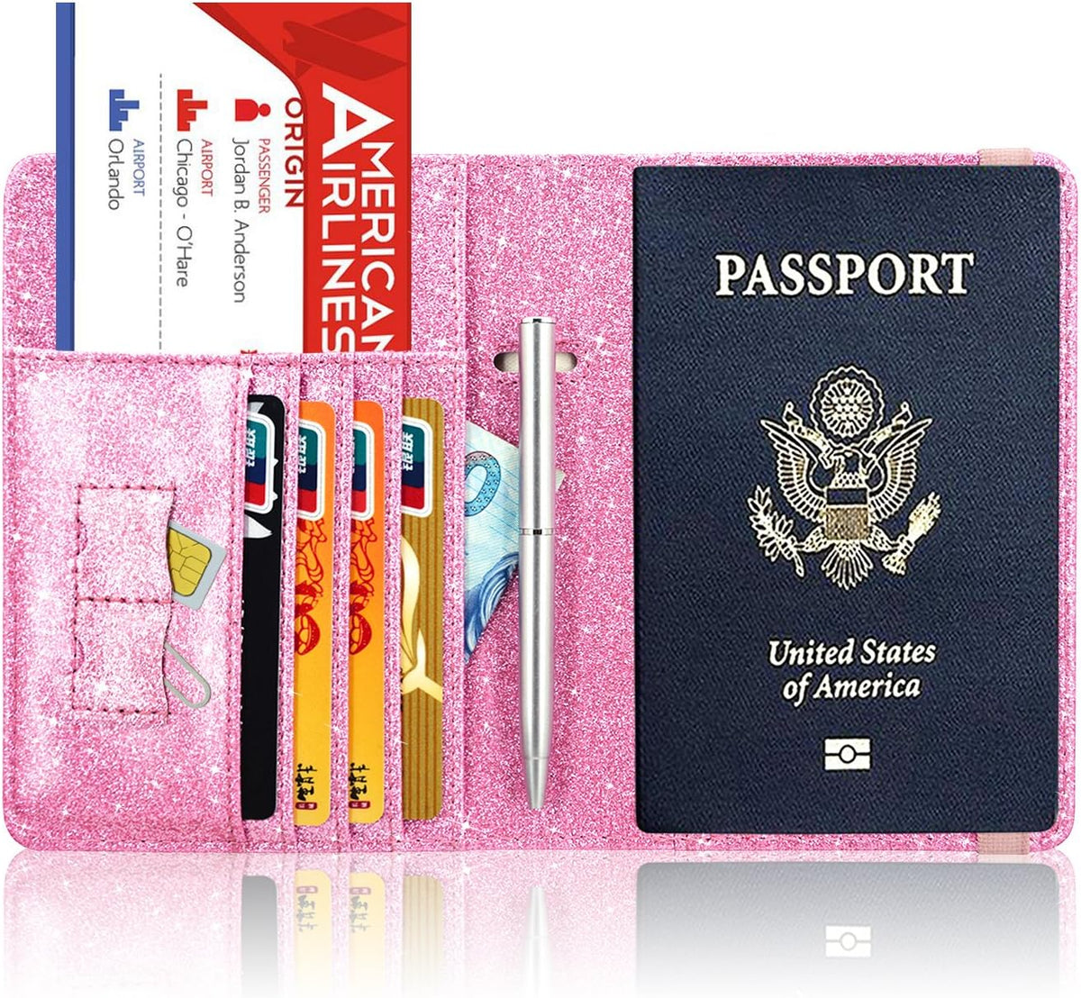 Passport Holder Cover, Leather Travel Wallet Case, RFID Blocking Document Organizer Protecrtor, with Slots for Credit Cards, Boarding Pass, for Women and Men, Navy Blue