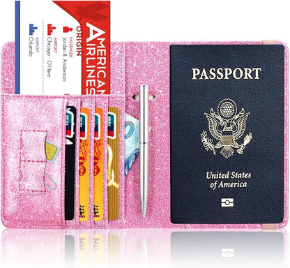 Passport Holder Cover, Leather Travel Wallet Case, RFID Blocking Document Organizer Protecrtor, with Slots for Credit Cards, Boarding Pass, for Women and Men, Navy Blue