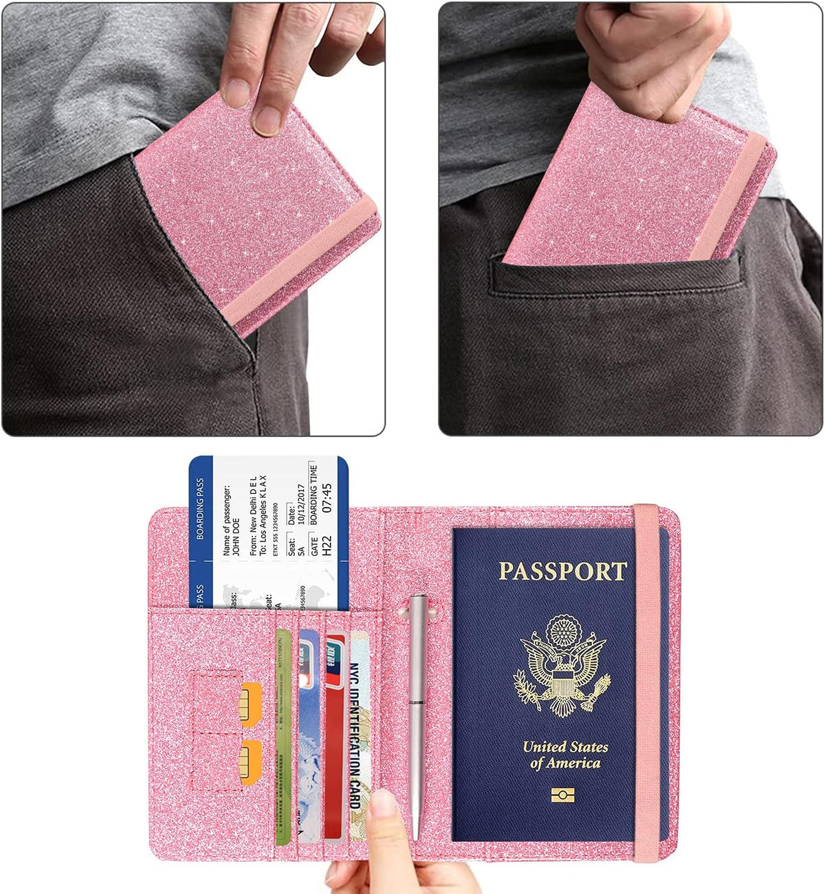Passport Holder Cover, Leather Travel Wallet Case, RFID Blocking Document Organizer Protecrtor, with Slots for Credit Cards, Boarding Pass, for Women and Men, Navy Blue