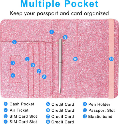 Passport Holder Cover, Leather Travel Wallet Case, RFID Blocking Document Organizer Protecrtor, with Slots for Credit Cards, Boarding Pass, for Women and Men, Navy Blue
