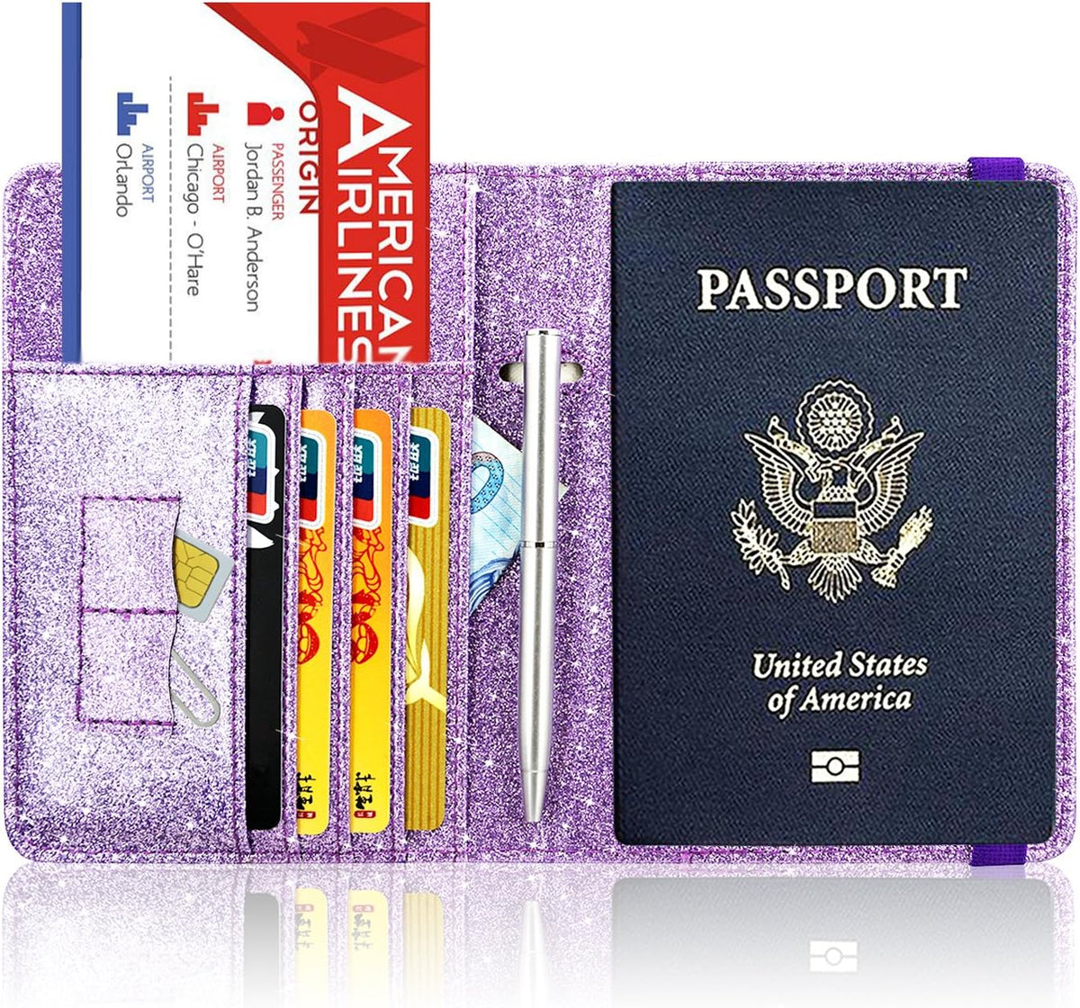Passport Holder Cover, Leather Travel Wallet Case, RFID Blocking Document Organizer Protecrtor, with Slots for Credit Cards, Boarding Pass, for Women and Men, Navy Blue
