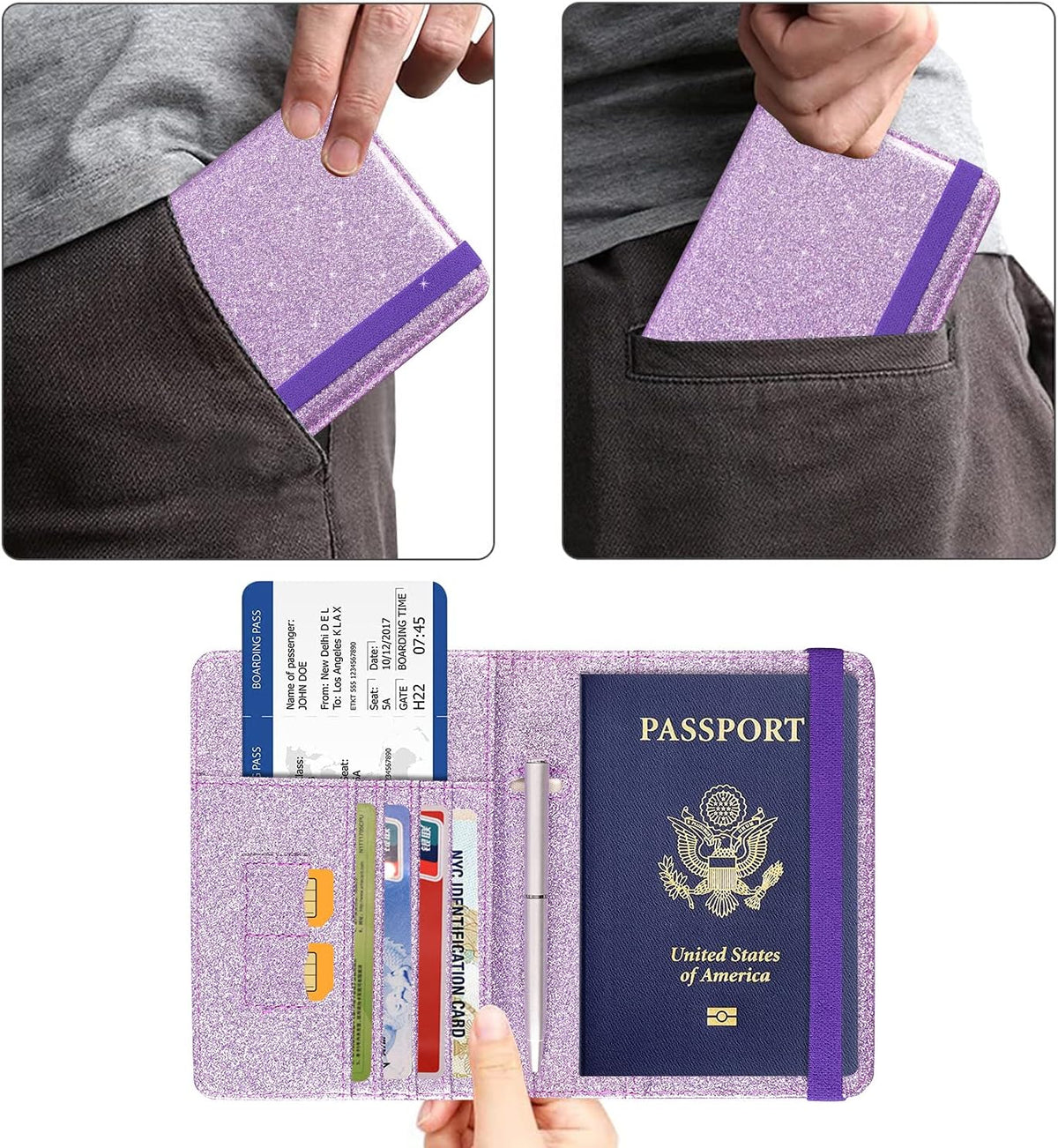 Passport Holder Cover, Leather Travel Wallet Case, RFID Blocking Document Organizer Protecrtor, with Slots for Credit Cards, Boarding Pass, for Women and Men, Navy Blue