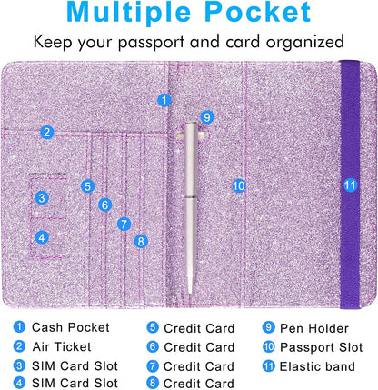 Passport Holder Cover, Leather Travel Wallet Case, RFID Blocking Document Organizer Protecrtor, with Slots for Credit Cards, Boarding Pass, for Women and Men, Navy Blue