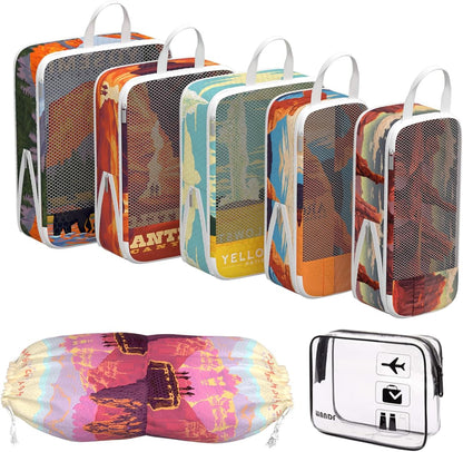 Compression Packing Cubes for Travel, 6 Set National Park Luggage Organizers, Lightweight Waterproof Expandable/Compression Bags Smell Proof Travel Packing Cubes for Suitcases