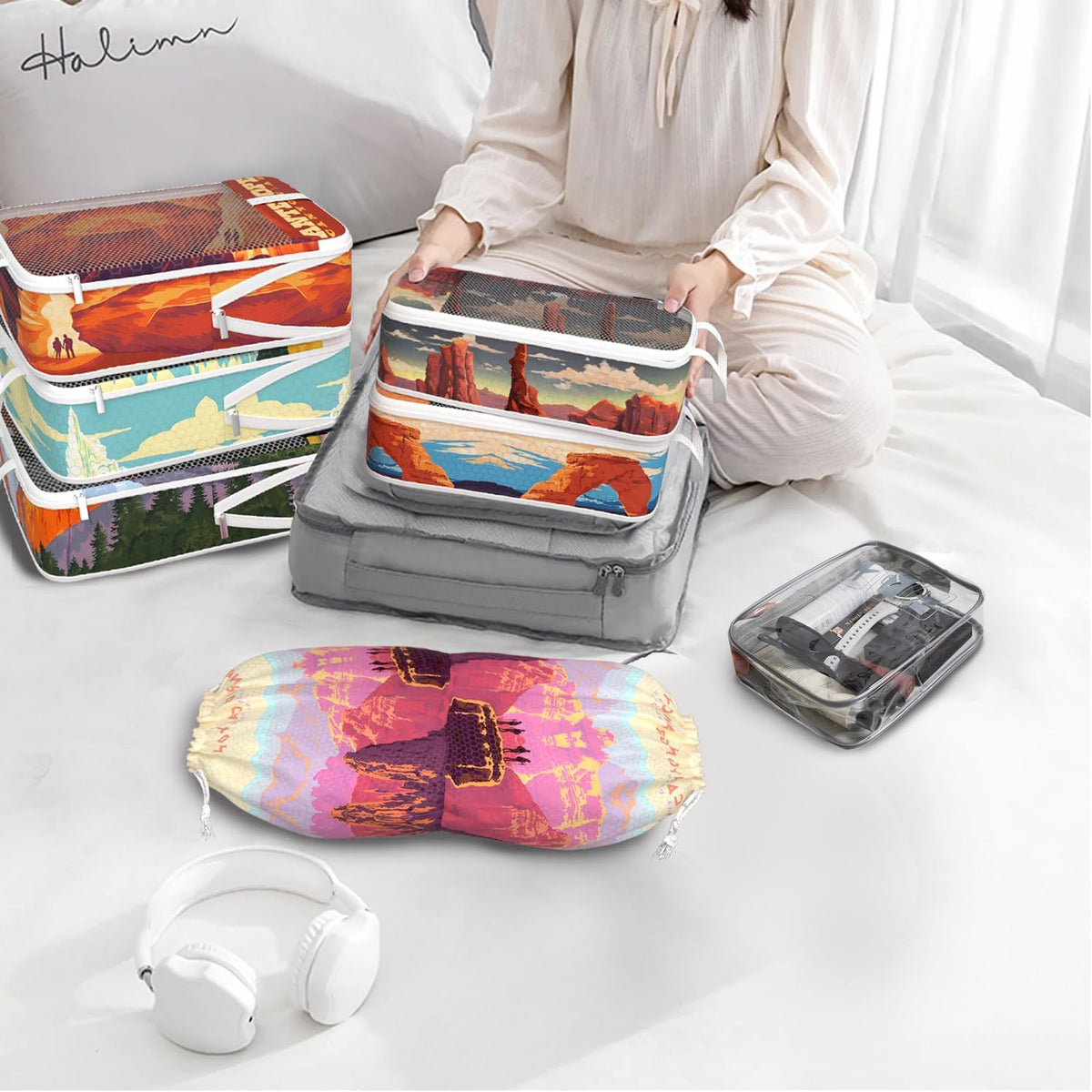 Compression Packing Cubes for Travel, 6 Set National Park Luggage Organizers, Lightweight Waterproof Expandable/Compression Bags Smell Proof Travel Packing Cubes for Suitcases