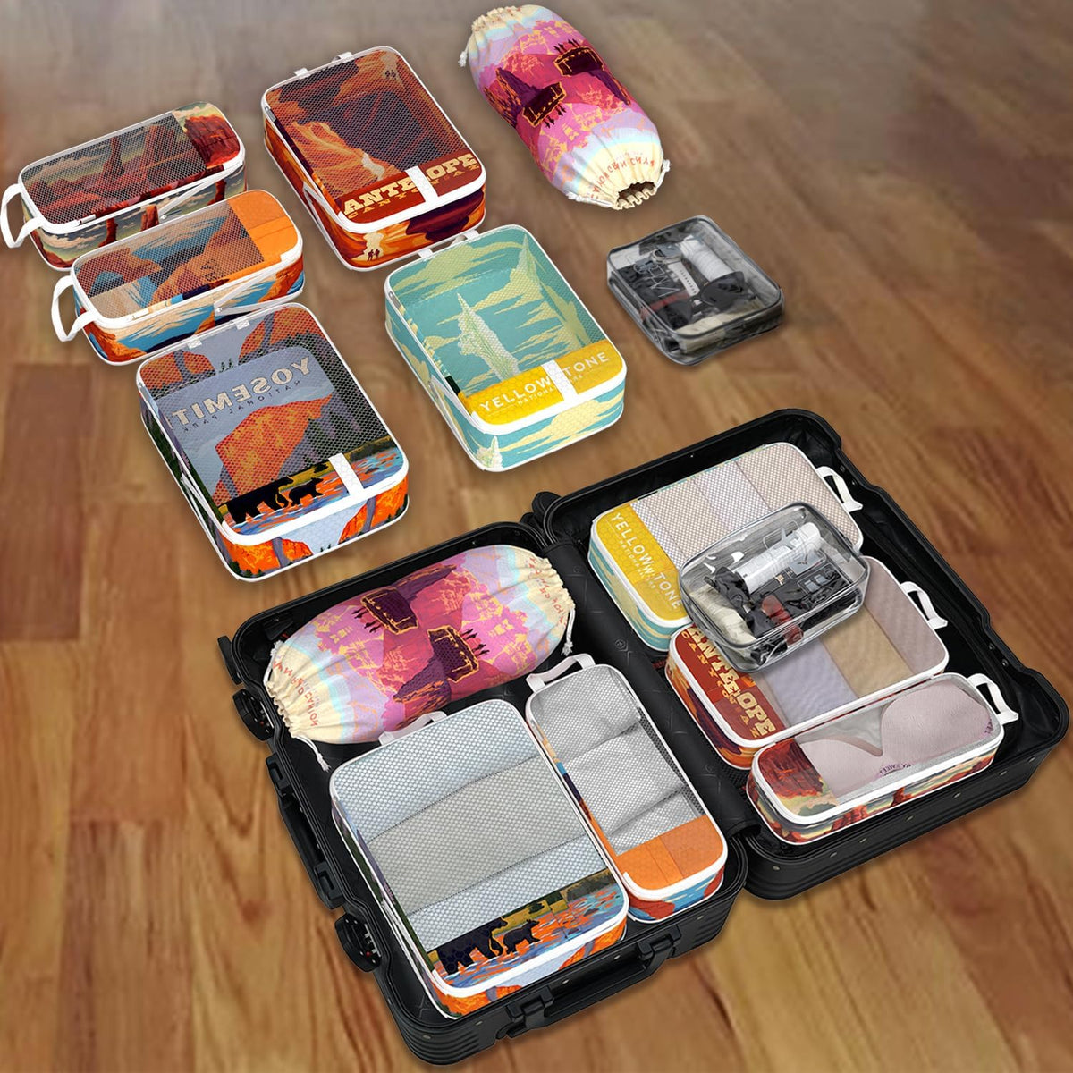 Compression Packing Cubes for Travel, 6 Set National Park Luggage Organizers, Lightweight Waterproof Expandable/Compression Bags Smell Proof Travel Packing Cubes for Suitcases