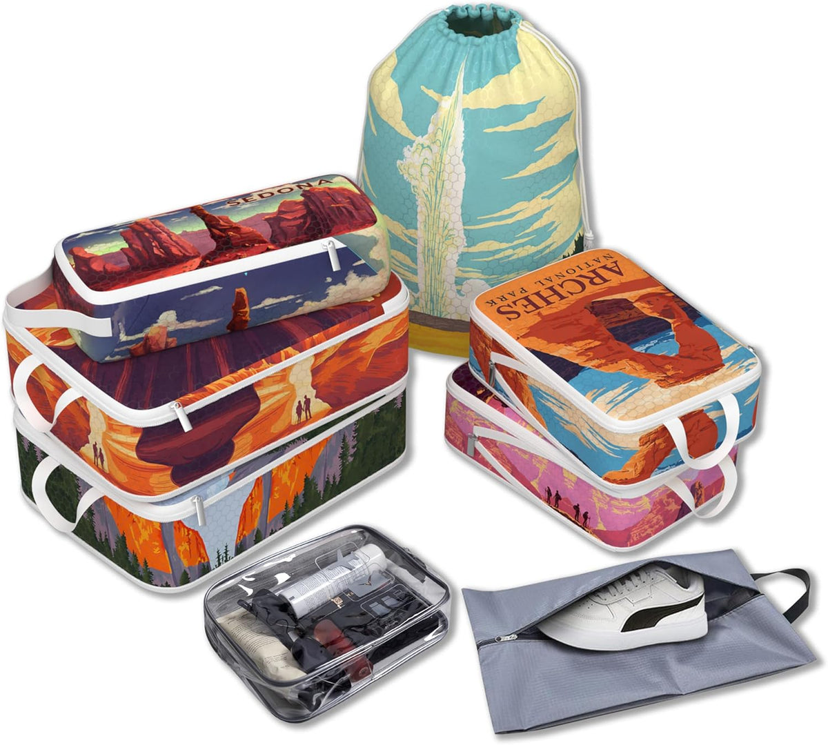 Compression Packing Cubes for Travel, 6 Set National Park Luggage Organizers, Lightweight Waterproof Expandable/Compression Bags Smell Proof Travel Packing Cubes for Suitcases
