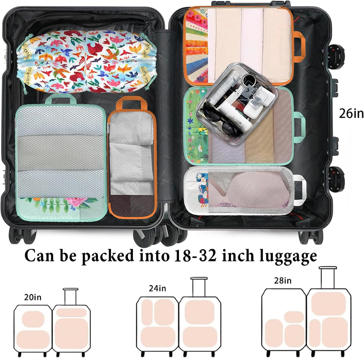 Compression Packing Cubes for Travel, 6 Set National Park Luggage Organizers, Lightweight Waterproof Expandable/Compression Bags Smell Proof Travel Packing Cubes for Suitcases
