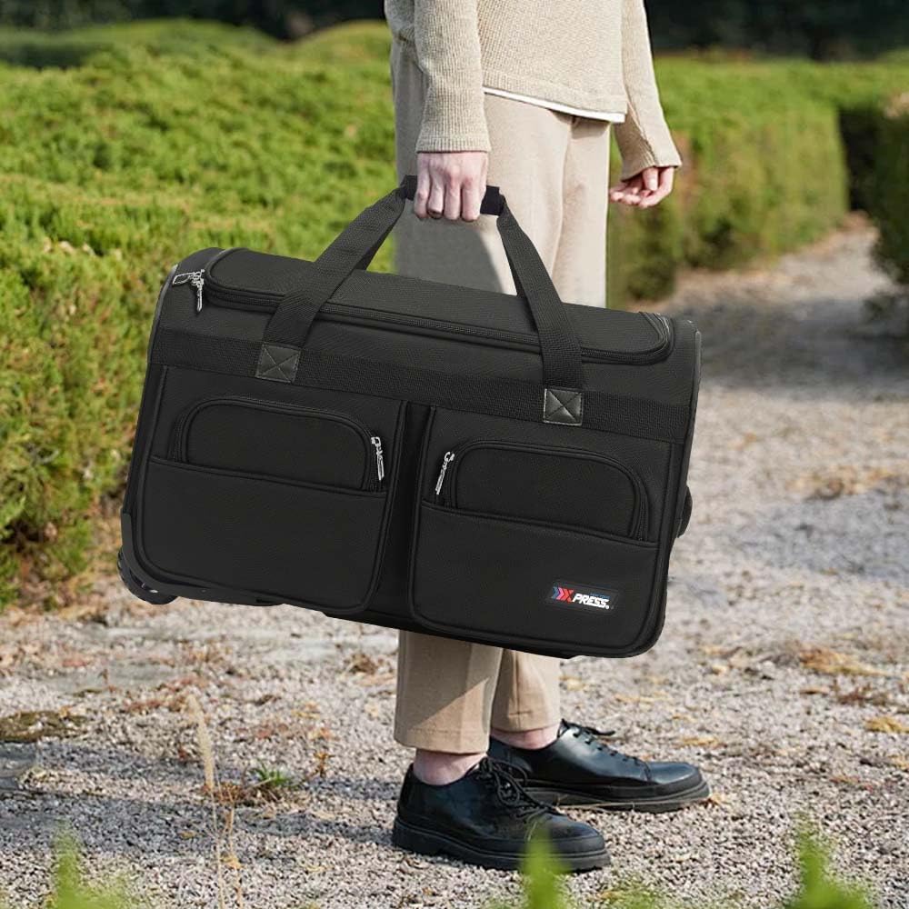 22'' Large Rolling Duffle Bag with Wheels and Handle,Travel Duffle Bag W/Durable Ripstop Polyester Material for Men Women,All Black