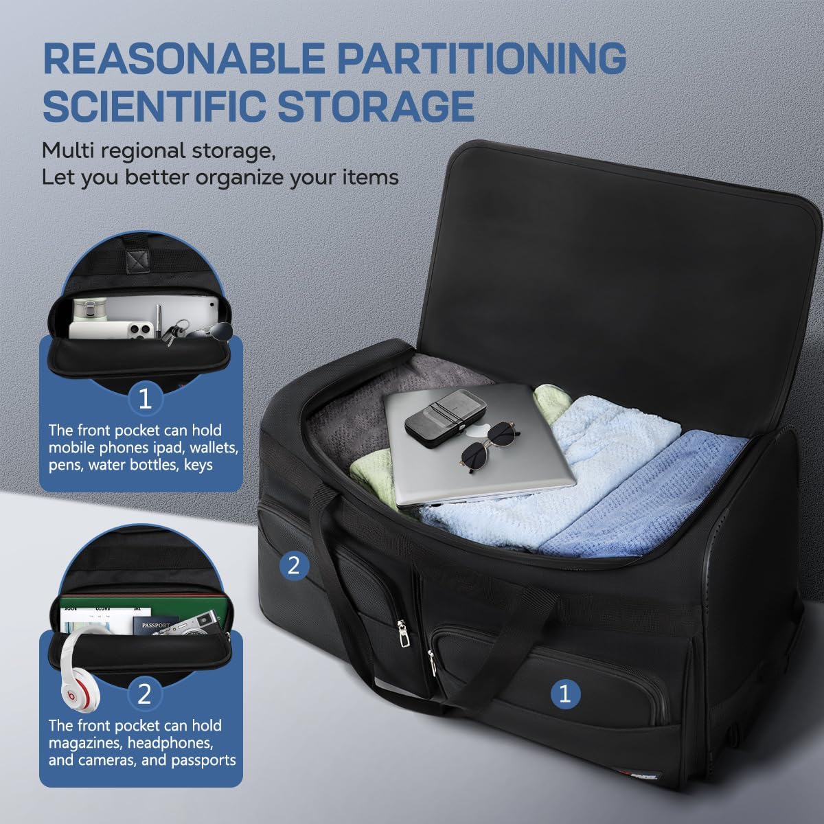 22'' Large Rolling Duffle Bag with Wheels and Handle,Travel Duffle Bag W/Durable Ripstop Polyester Material for Men Women,All Black