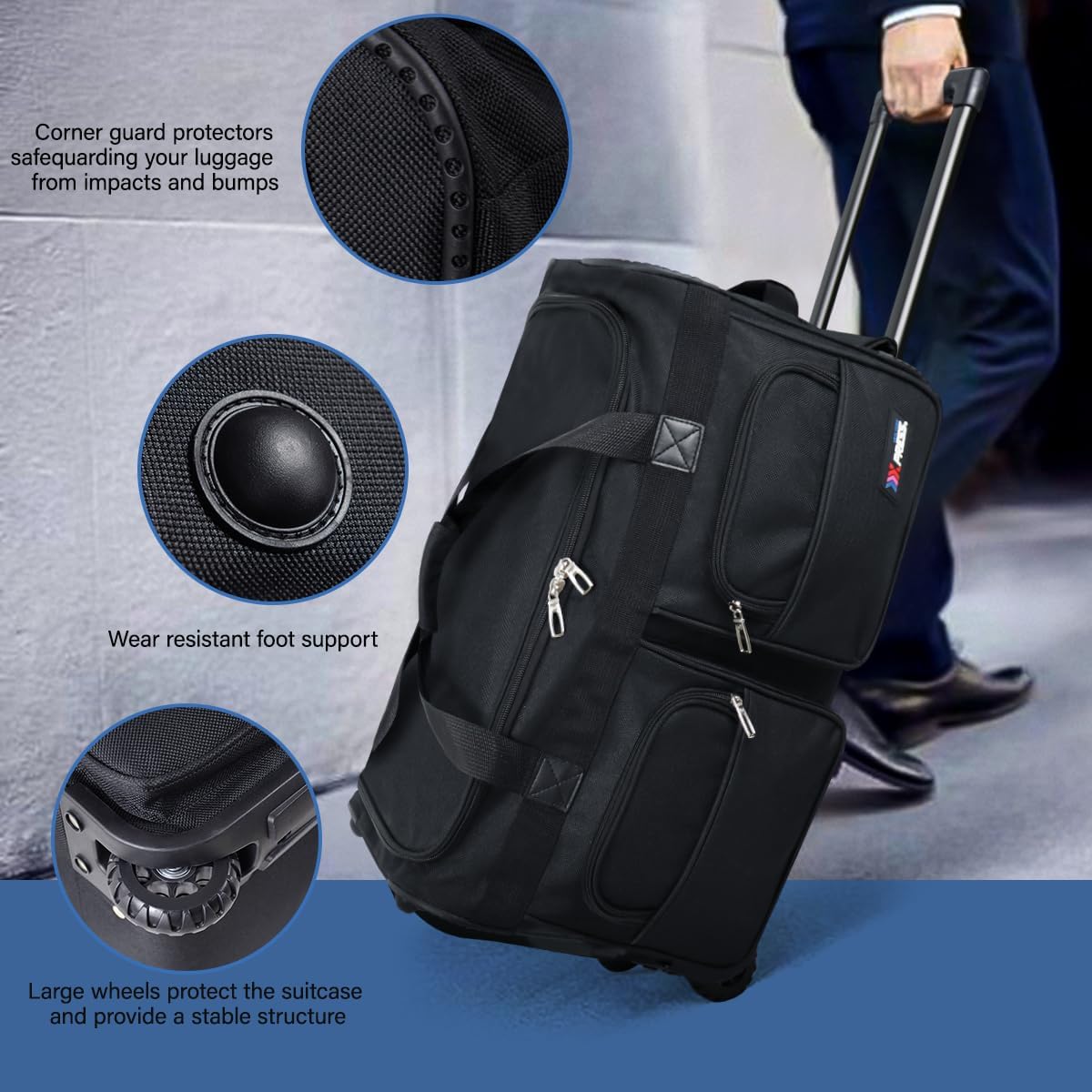 22'' Large Rolling Duffle Bag with Wheels and Handle,Travel Duffle Bag W/Durable Ripstop Polyester Material for Men Women,All Black