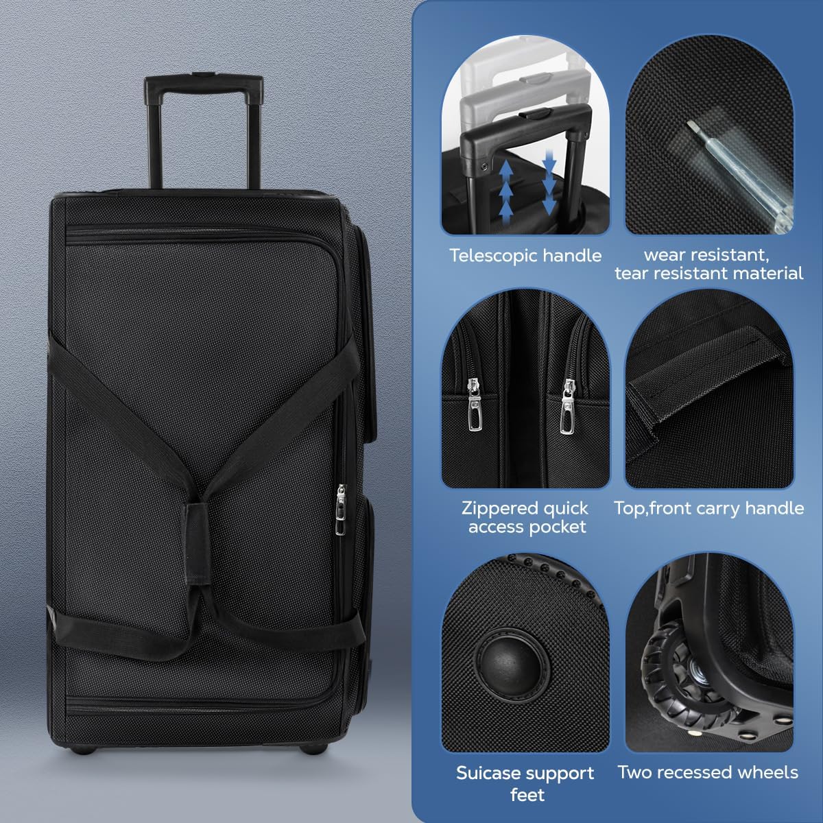 22'' Large Rolling Duffle Bag with Wheels and Handle,Travel Duffle Bag W/Durable Ripstop Polyester Material for Men Women,All Black