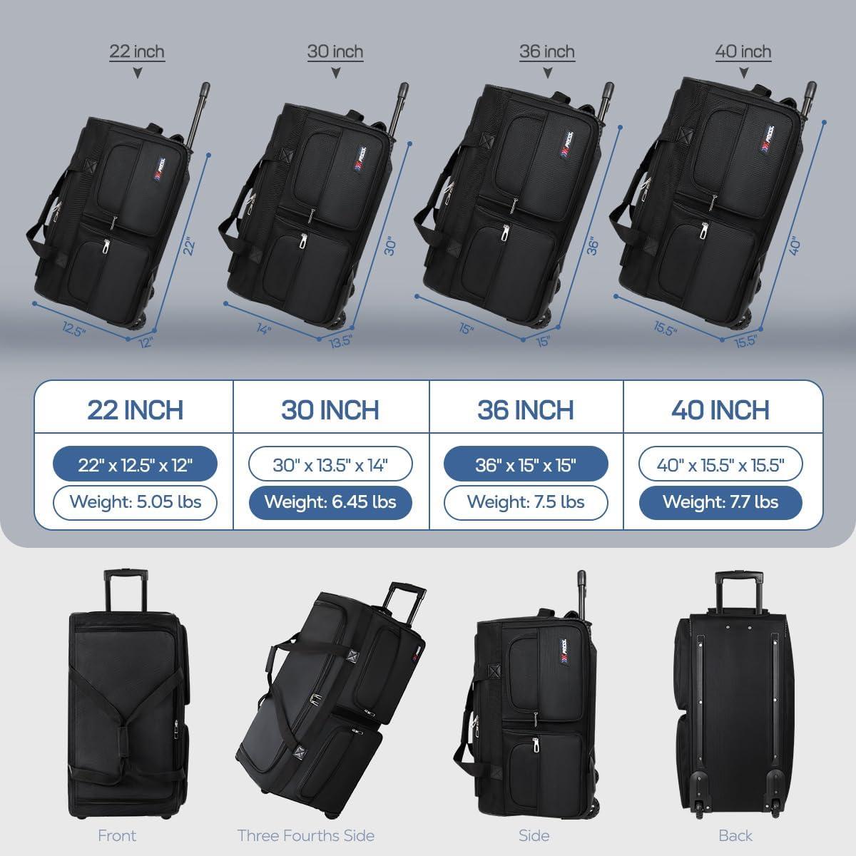 22'' Large Rolling Duffle Bag with Wheels and Handle,Travel Duffle Bag W/Durable Ripstop Polyester Material for Men Women,All Black