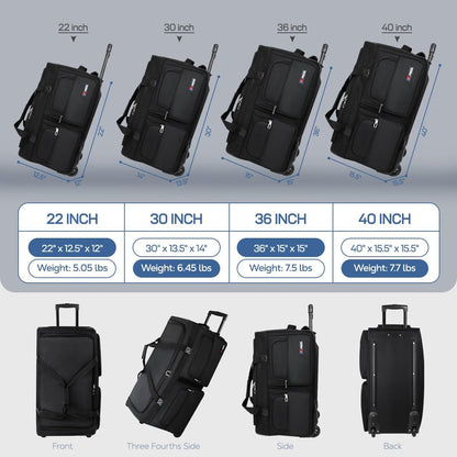 22'' Large Rolling Duffle Bag with Wheels and Handle,Travel Duffle Bag W/Durable Ripstop Polyester Material for Men Women,All Black