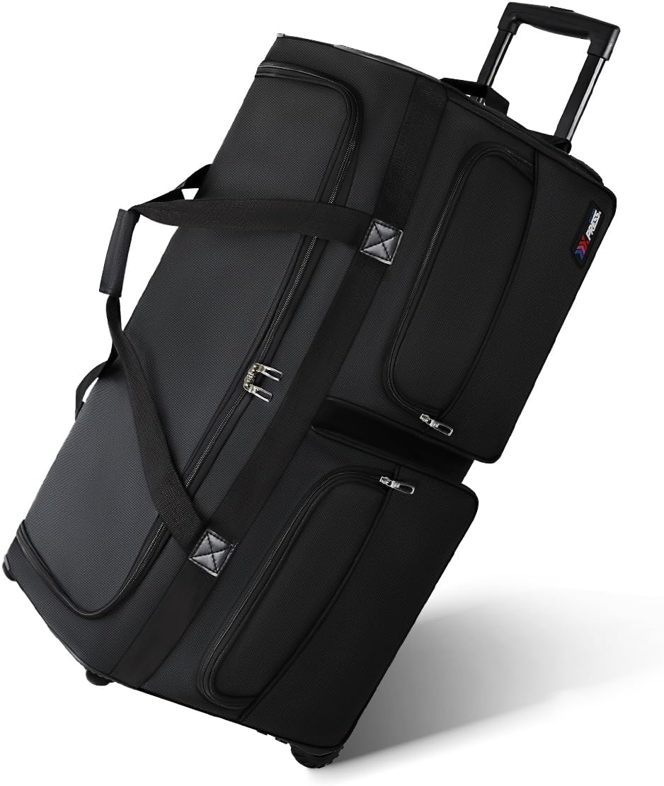 22'' Large Rolling Duffle Bag with Wheels and Handle,Travel Duffle Bag W/Durable Ripstop Polyester Material for Men Women,All Black