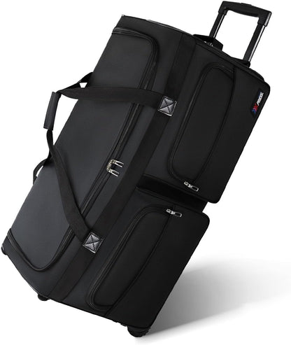22'' Large Rolling Duffle Bag with Wheels and Handle,Travel Duffle Bag W/Durable Ripstop Polyester Material for Men Women,All Black