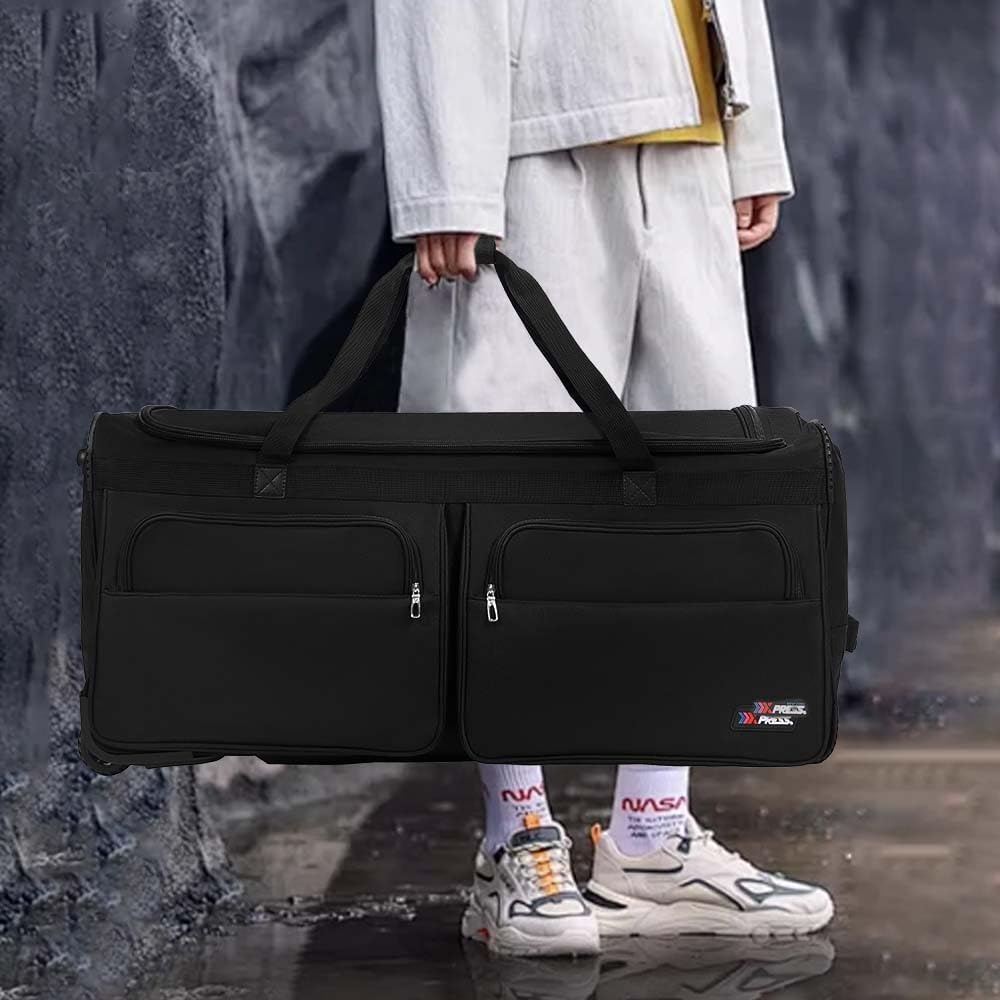 22'' Large Rolling Duffle Bag with Wheels and Handle,Travel Duffle Bag W/Durable Ripstop Polyester Material for Men Women,All Black
