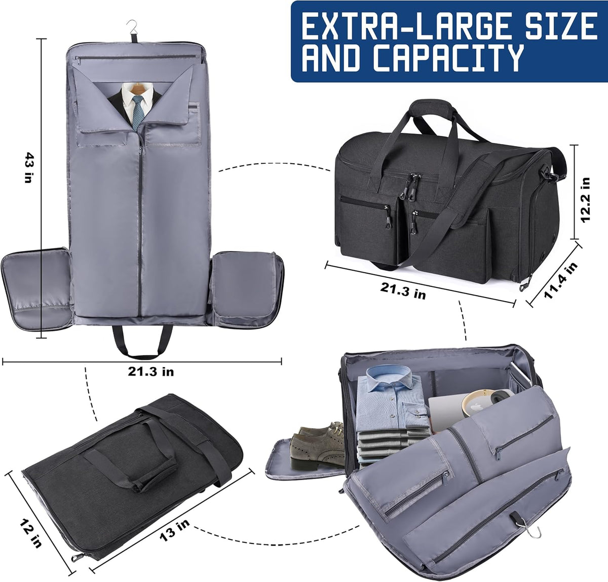 Travel Garment Duffle Bag with Laptop Compartment, RFID Blocking Convertible Suit Bag Name Tap Pocket Carry On 2 in 1 Hanging Suit Travel Duffel Work Pouch