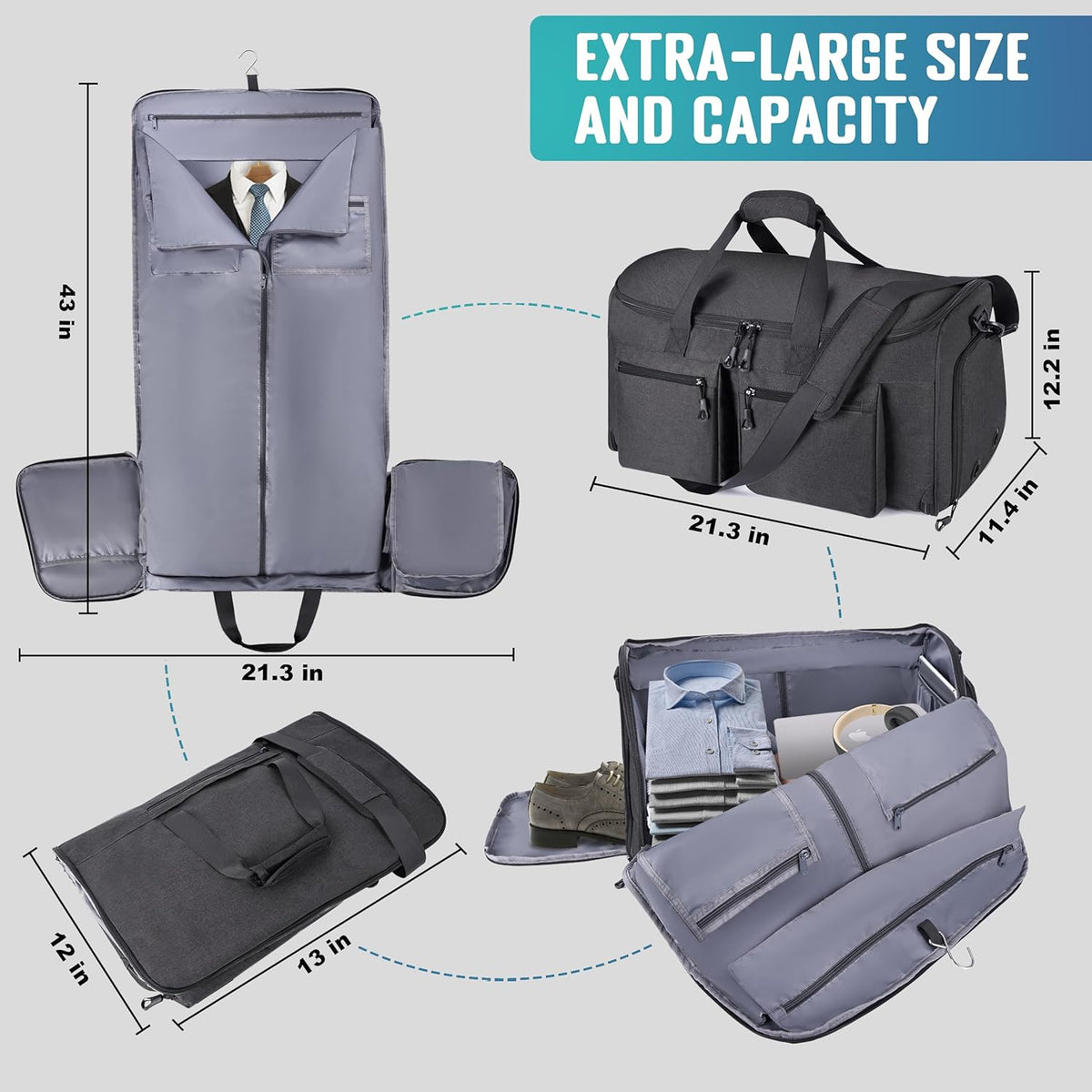 Travel Garment Duffle Bag with Laptop Compartment, RFID Blocking Convertible Suit Bag Name Tap Pocket Carry On 2 in 1 Hanging Suit Travel Duffel Work Pouch