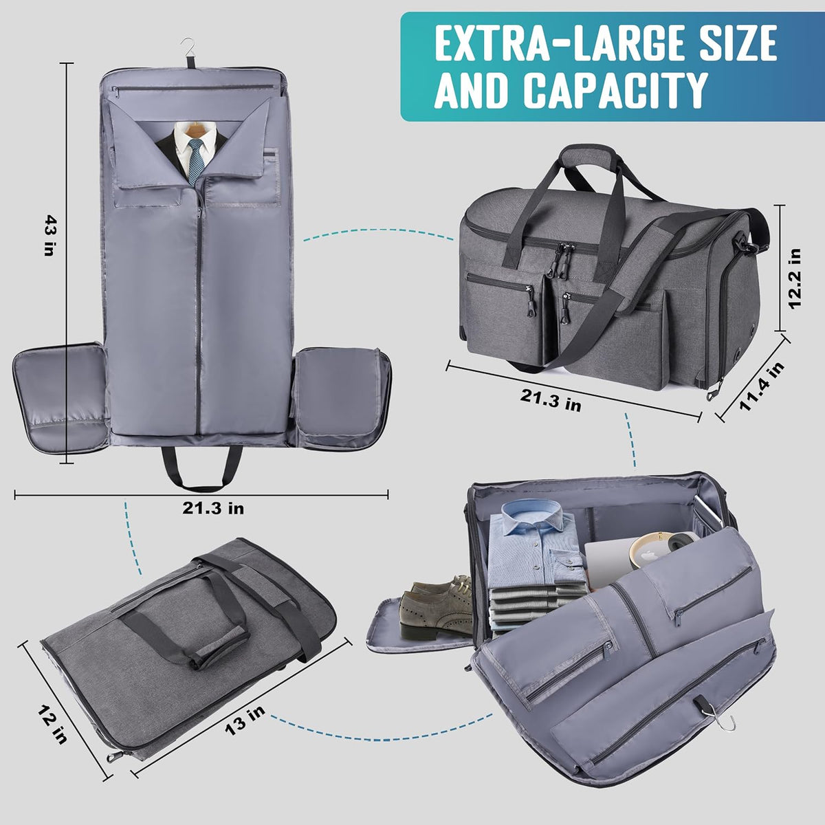 Travel Garment Duffle Bag with Laptop Compartment, RFID Blocking Convertible Suit Bag Name Tap Pocket Carry On 2 in 1 Hanging Suit Travel Duffel Work Pouch