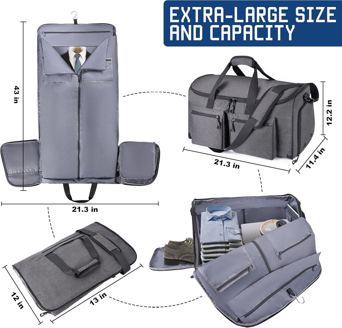 Travel Garment Duffle Bag with Laptop Compartment, RFID Blocking Convertible Suit Bag Name Tap Pocket Carry On 2 in 1 Hanging Suit Travel Duffel Work Pouch