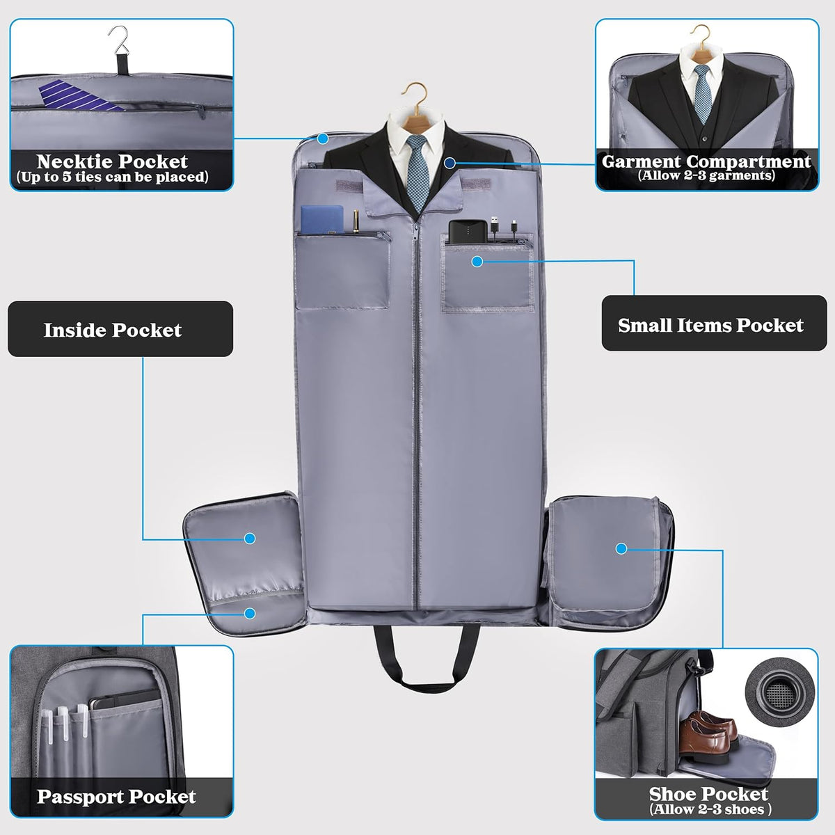 Travel Garment Duffle Bag with Laptop Compartment, RFID Blocking Convertible Suit Bag Name Tap Pocket Carry On 2 in 1 Hanging Suit Travel Duffel Work Pouch