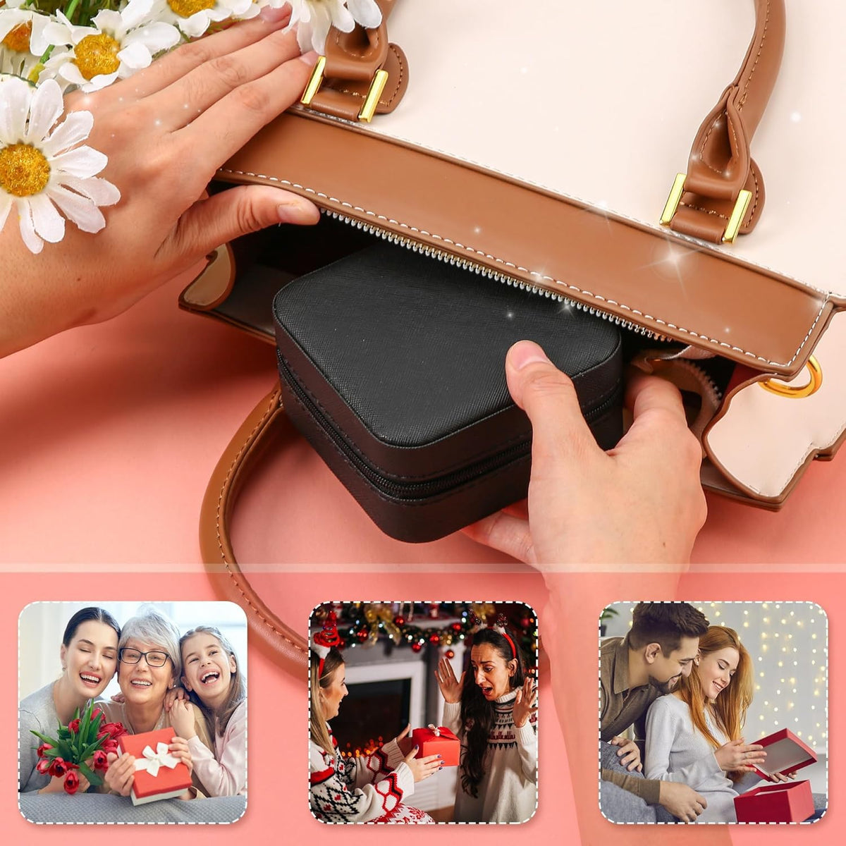 Portable Travel Mini Jewelry Box Leather Jewellery Ring Organizer Case Storage Gift Box Girls Women (black).