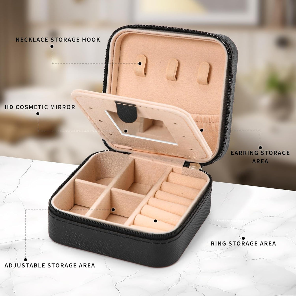 Portable Travel Mini Jewelry Box Leather Jewellery Ring Organizer Case Storage Gift Box Girls Women (black).