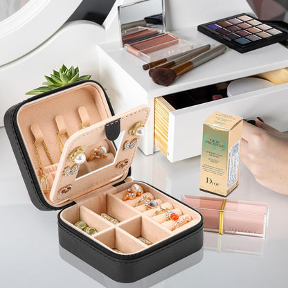 Portable Travel Mini Jewelry Box Leather Jewellery Ring Organizer Case Storage Gift Box Girls Women (black).