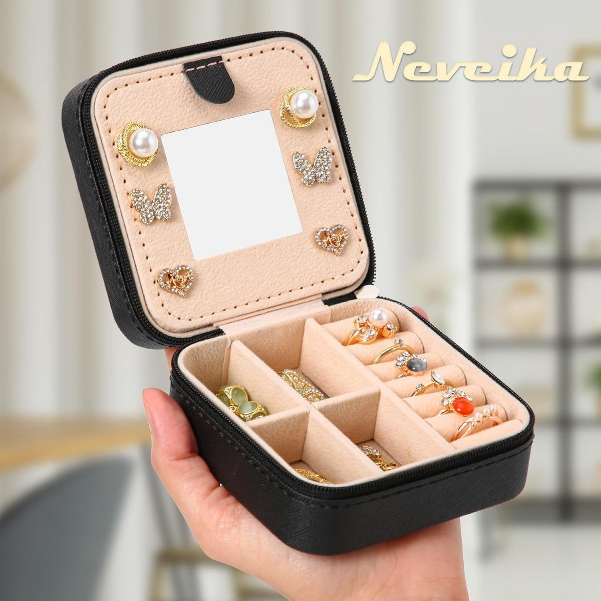 Portable Travel Mini Jewelry Box Leather Jewellery Ring Organizer Case Storage Gift Box Girls Women (black).