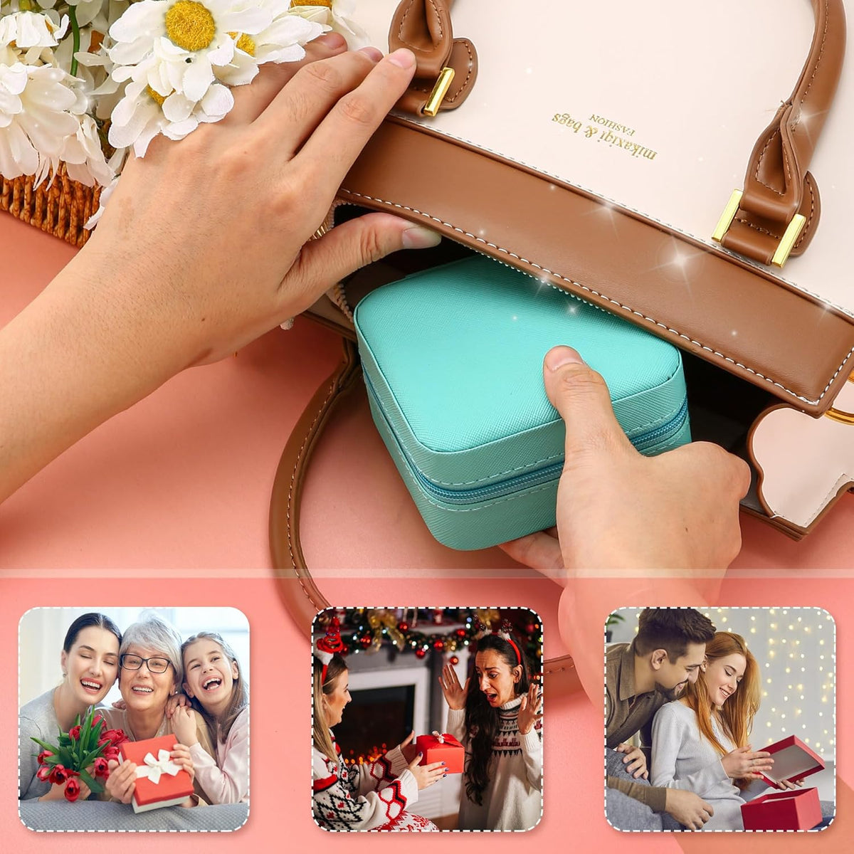 Portable Travel Mini Jewelry Box Leather Jewellery Ring Organizer Case Storage Gift Box Girls Women (black).