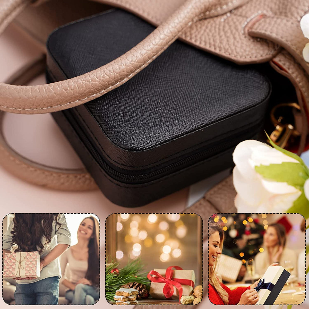 Portable Travel Mini Jewelry Box Leather Jewellery Ring Organizer Case Storage Gift Box Girls Women (black).