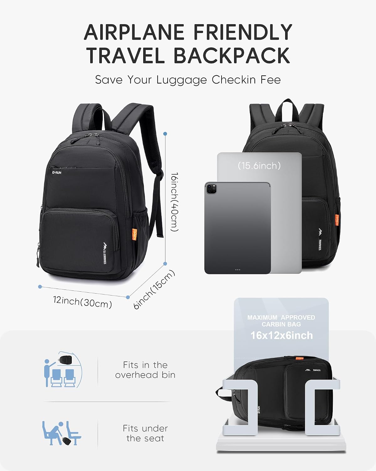 40x30x15 cm Personal Item Travel Bag,16x12x6 inch Small Carry On Backpack 20L, Flight Approved Underseat Travel Bag Cabin Size Lightweight Orange