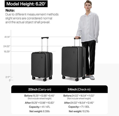 20 Inch Expandable Carry On Luggage PC Hard Shell Suitcase Top Opening Rolling Travel Suitcases with Spinner Wheels & TSA Lock, Smoke White