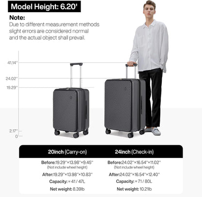 20 Inch Expandable Carry On Luggage PC Hard Shell Suitcase Top Opening Rolling Travel Suitcases with Spinner Wheels & TSA Lock, Smoke White