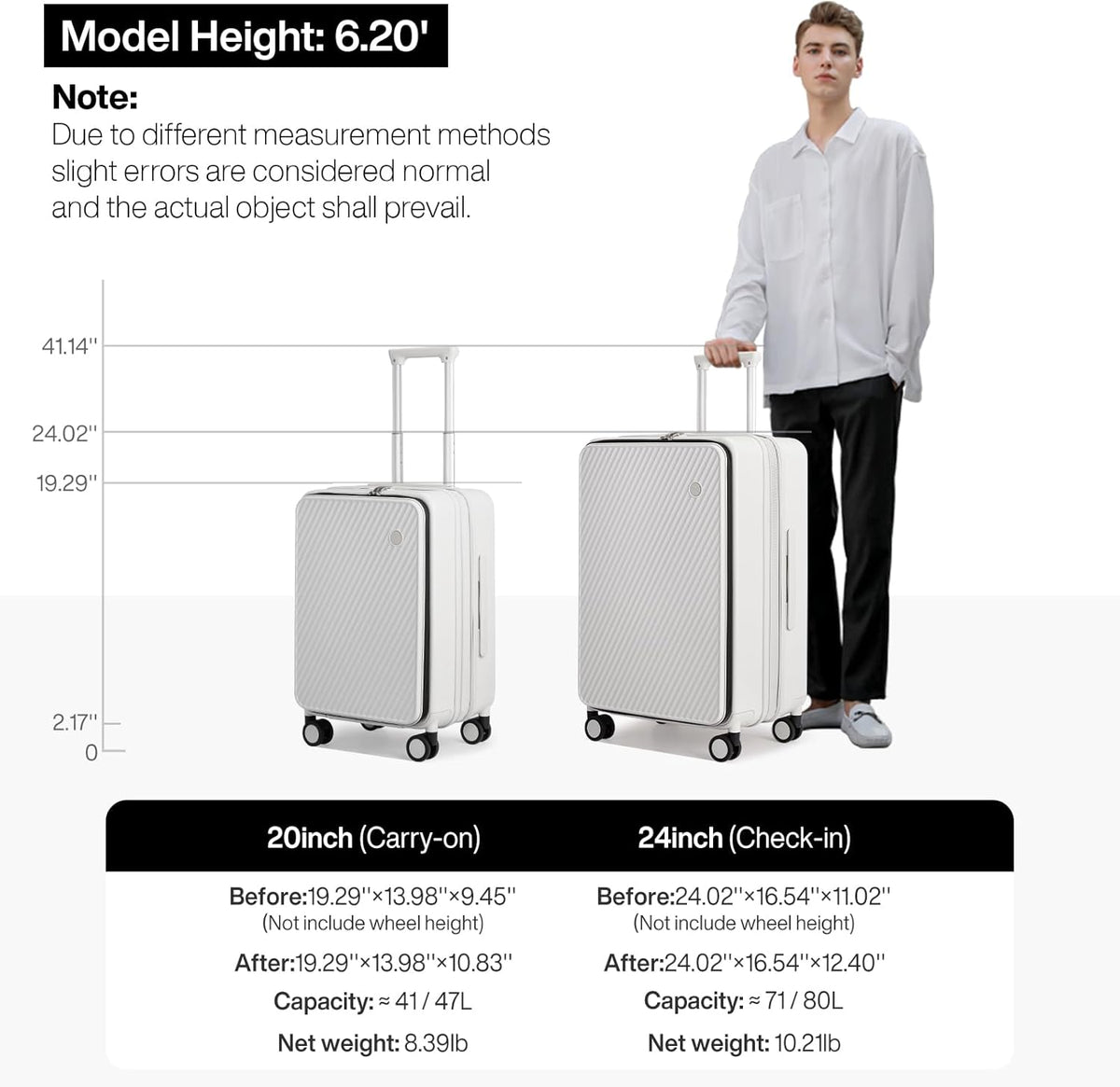 20 Inch Expandable Carry On Luggage PC Hard Shell Suitcase Top Opening Rolling Travel Suitcases with Spinner Wheels & TSA Lock, Smoke White