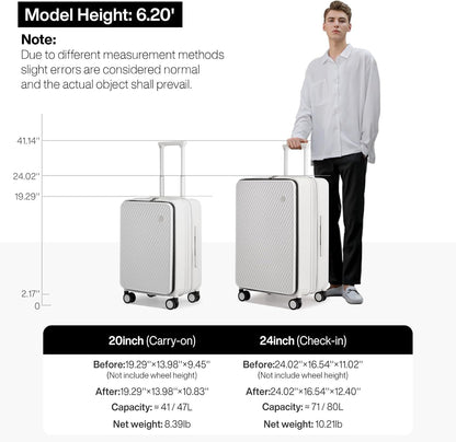 20 Inch Expandable Carry On Luggage PC Hard Shell Suitcase Top Opening Rolling Travel Suitcases with Spinner Wheels & TSA Lock, Smoke White