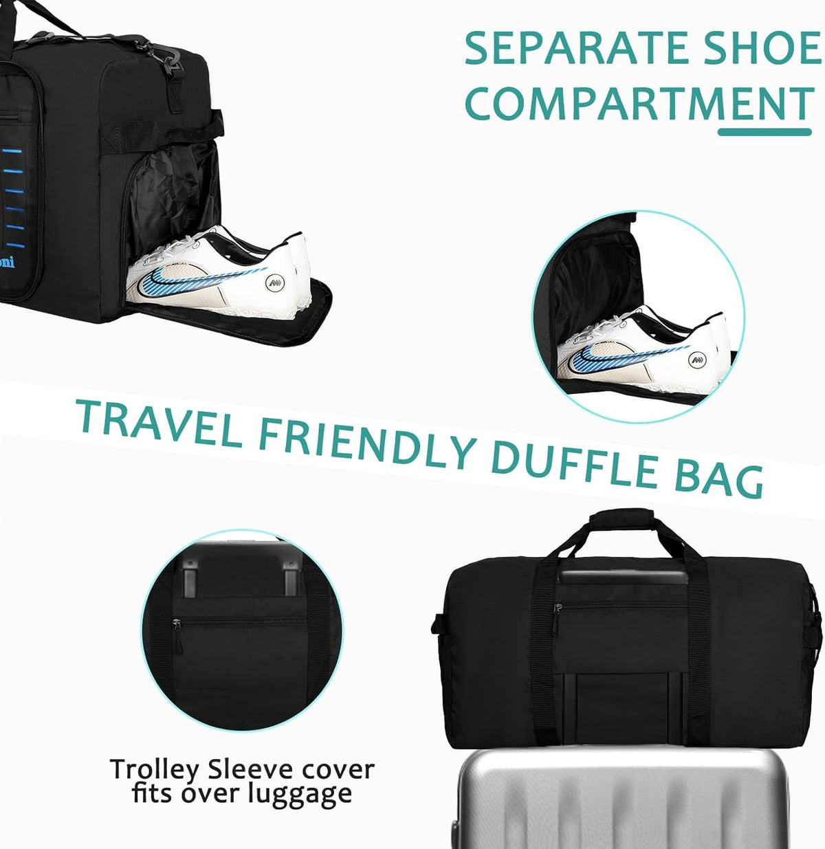 Foldable Travel Duffle Bag for Men Women, Waterproof with Shoe Compartment, 80L 120L Large Collapsible Luggage Bag, Lightweight Packable Duffel for Travel Sports Gym Airline Carry On Checked Bag
