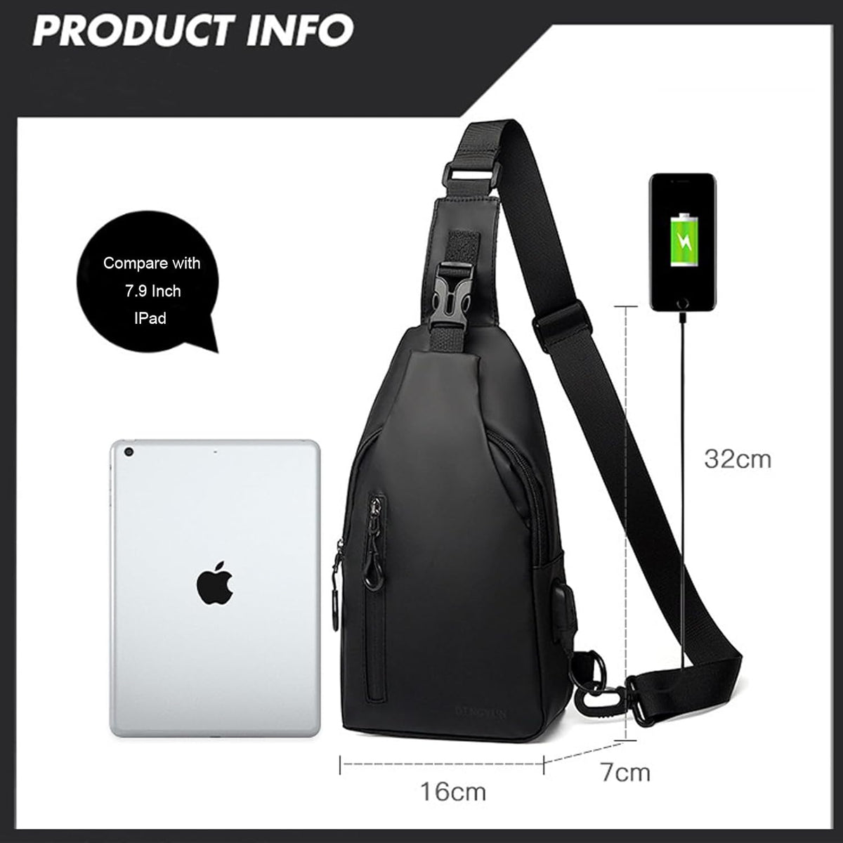 Travel Crossbody Sling Bag for Men Women with Bottle Holder, Black Crossbody Backpack Lightweight Waterproof Shoulder Cross Body Bag Back Pack Anti Theft Multi-pocket for Hiking Sports Running