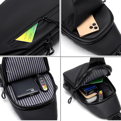 Travel Crossbody Sling Bag for Men Women with Bottle Holder, Black Crossbody Backpack Lightweight Waterproof Shoulder Cross Body Bag Back Pack Anti Theft Multi-pocket for Hiking Sports Running
