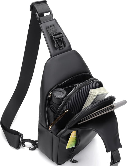 Travel Crossbody Sling Bag for Men Women with Bottle Holder, Black Crossbody Backpack Lightweight Waterproof Shoulder Cross Body Bag Back Pack Anti Theft Multi-pocket for Hiking Sports Running