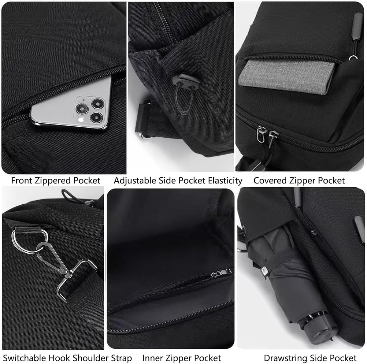 Travel Crossbody Sling Bag for Men Women with Bottle Holder, Black Crossbody Backpack Lightweight Waterproof Shoulder Cross Body Bag Back Pack Anti Theft Multi-pocket for Hiking Sports Running
