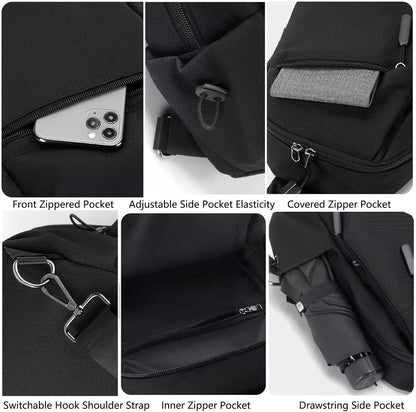 Travel Crossbody Sling Bag for Men Women with Bottle Holder, Black Crossbody Backpack Lightweight Waterproof Shoulder Cross Body Bag Back Pack Anti Theft Multi-pocket for Hiking Sports Running