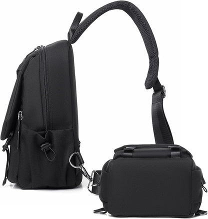 Travel Crossbody Sling Bag for Men Women with Bottle Holder, Black Crossbody Backpack Lightweight Waterproof Shoulder Cross Body Bag Back Pack Anti Theft Multi-pocket for Hiking Sports Running
