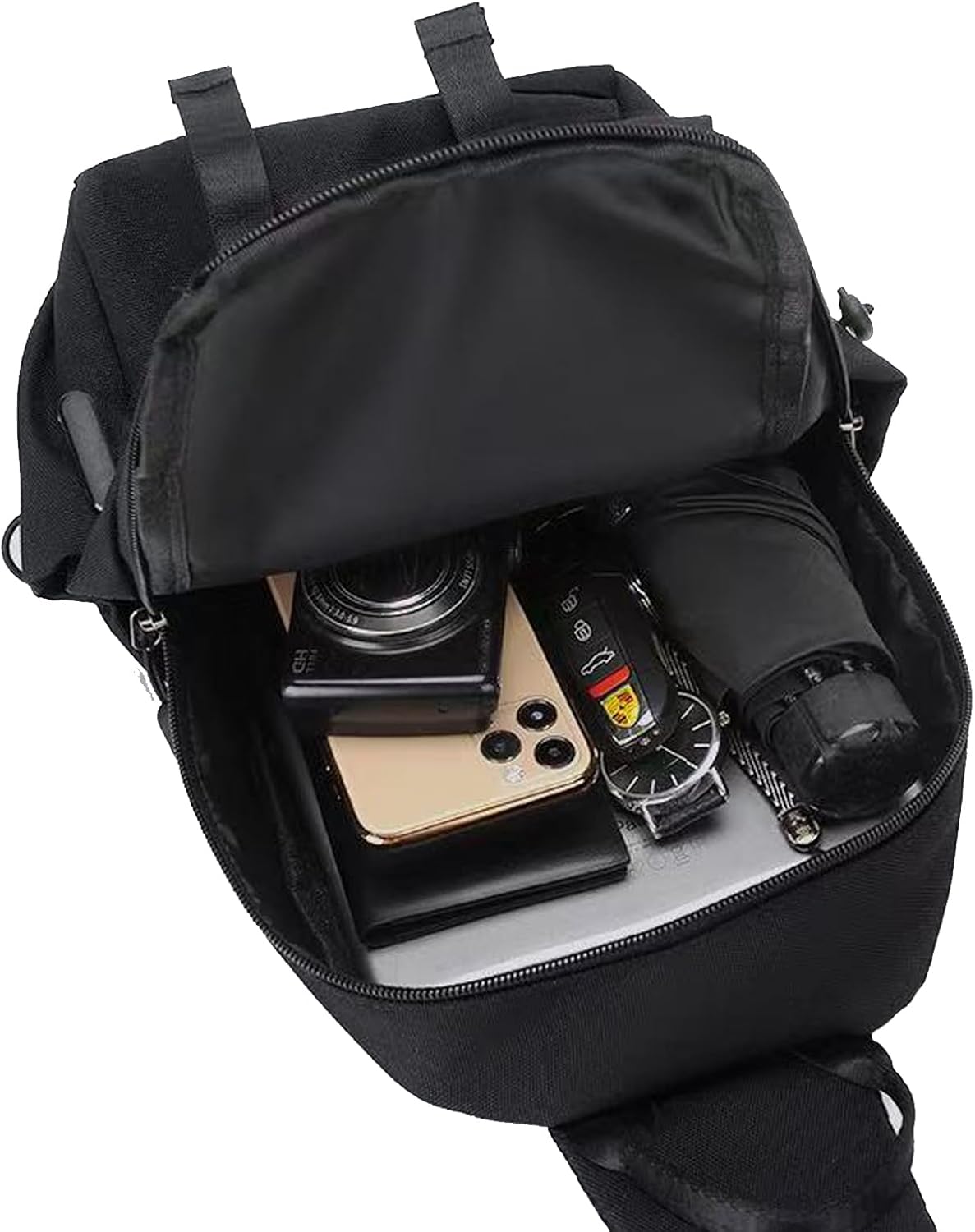 Travel Crossbody Sling Bag for Men Women with Bottle Holder, Black Crossbody Backpack Lightweight Waterproof Shoulder Cross Body Bag Back Pack Anti Theft Multi-pocket for Hiking Sports Running