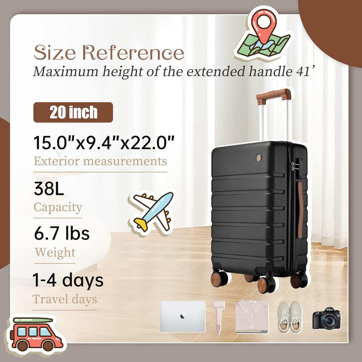Hulsin 20 Inch Hardside Carry on Luggage with Spinner Wheels and TSA Lock | Small Hard Shell Lightweight Carry-on Suitcase with 22x14x9 Airline Approved for Air Travel, Weekend Trips or Business