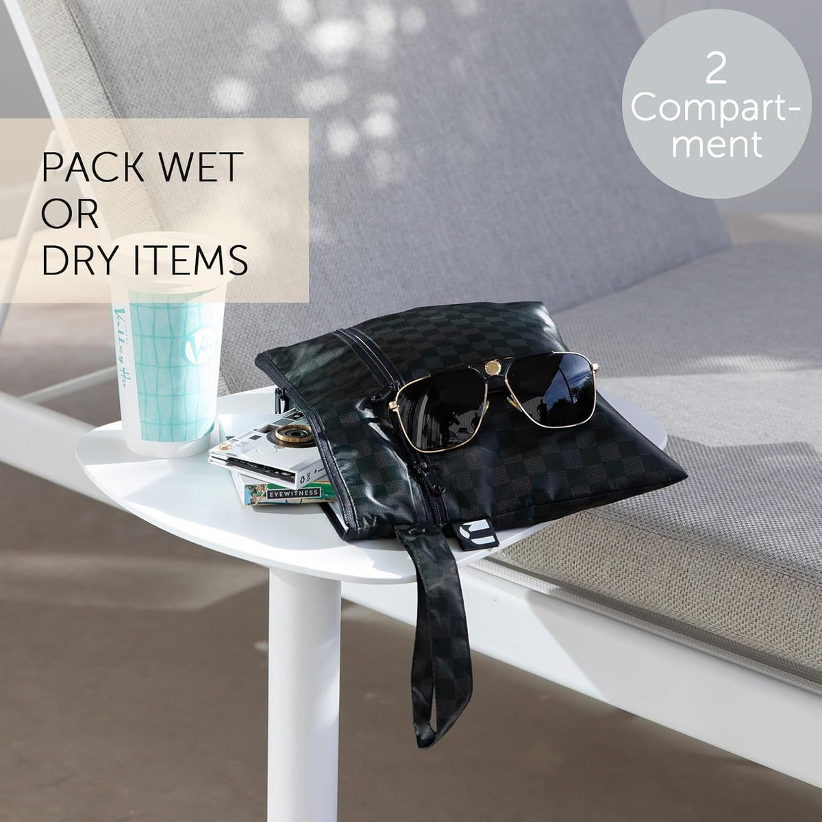 Waterproof Wet Bag for Baby, Travel, Swim Suit, Cloth Diapers, Pump Parts, Pool, Beach, Gym Clothes, Toiletry, Hook to Stroller, Daycare, Zip Reusable Wetdry Pack, 2-pk Palm Trees, Beige Check - Colors B
