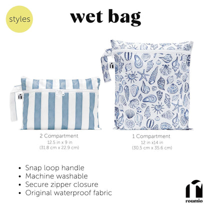 Waterproof Wet Bag for Baby, Travel, Swim Suit, Cloth Diapers, Pump Parts, Pool, Beach, Gym Clothes, Toiletry, Hook to Stroller, Daycare, Zip Reusable Wetdry Pack, 2-pk Palm Trees, Beige Check - Colors B