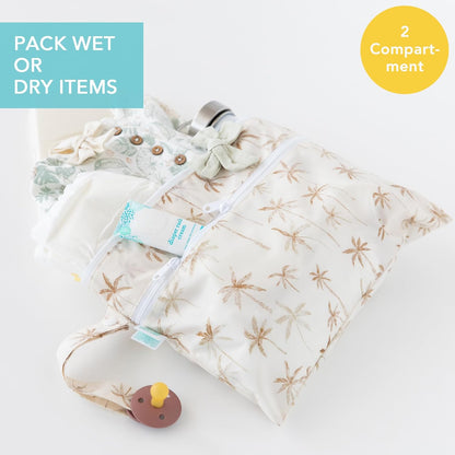 Waterproof Wet Bag for Baby, Travel, Swim Suit, Cloth Diapers, Pump Parts, Pool, Beach, Gym Clothes, Toiletry, Hook to Stroller, Daycare, Zip Reusable Wetdry Pack, 2-pk Palm Trees, Beige Check - Colors B