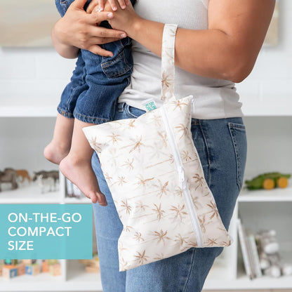 Waterproof Wet Bag for Baby, Travel, Swim Suit, Cloth Diapers, Pump Parts, Pool, Beach, Gym Clothes, Toiletry, Hook to Stroller, Daycare, Zip Reusable Wetdry Pack, 2-pk Palm Trees, Beige Check - Colors B
